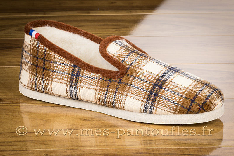 Pantoufles charentaises semelles confort-crêpe ecossais cognac | Mes Charentaises
