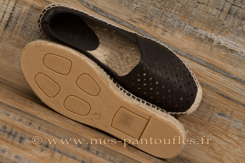 Espadrilles semelle épaisse cuir perforé noir pour femme