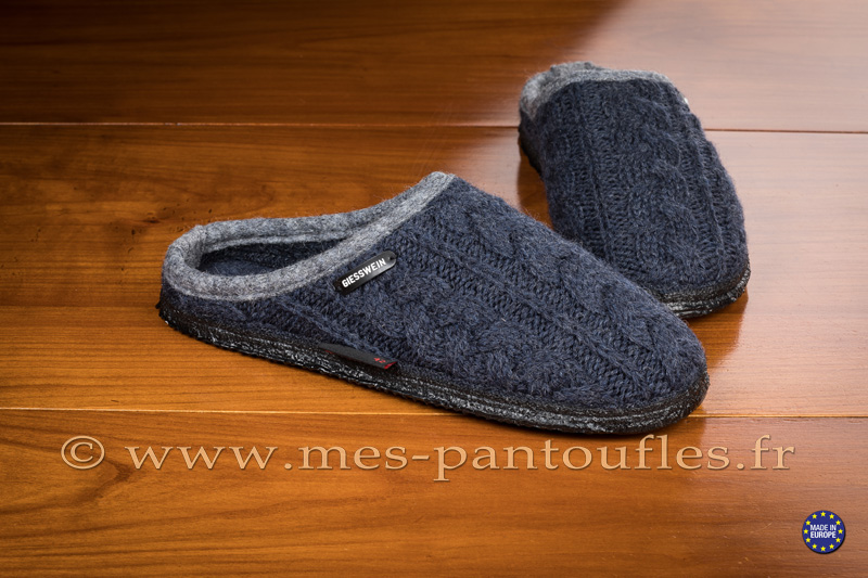 Pantoufles laine tricotée bleu nuit semelle antidérapante