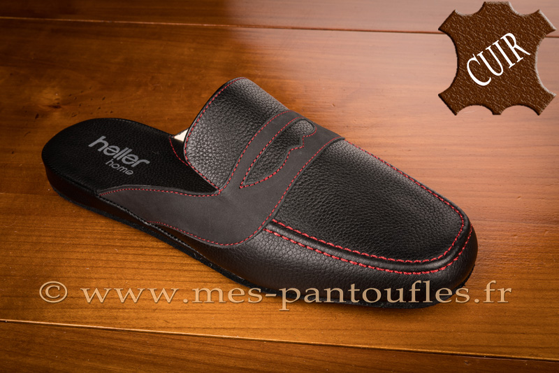 Mules homme tout cuir noir filet rouge