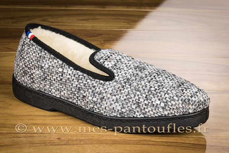 Pantoufles charentaises pour homme tissu velours chenillé gris moucheté | Mes Charentaises