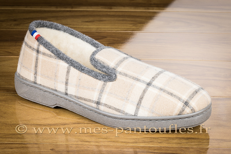 Pantoufles charentaises semelle caoutchouc tartan gris/beige | Mes Charentaises