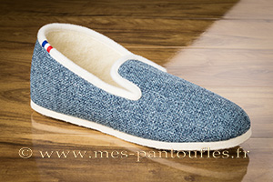 Pantoufles charentaises semelles feutre tweed bleu océan