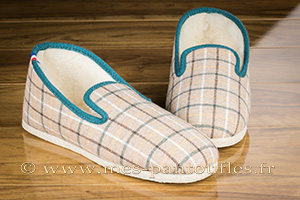 Pantoufles charentaises semelles confort crêpe écossais vert/beige