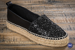 Espadrilles semelle épaisse cuir noir pailleté pour femme