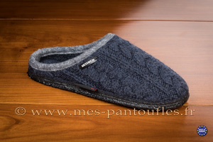 Pantoufles laine tricotée bleu nuit semelle antidérapante