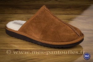Mules cuir cognac fourrée hiver pour homme