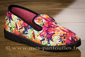 Pantoufle charentaise pour femme dessin fleuri multicolore/noir